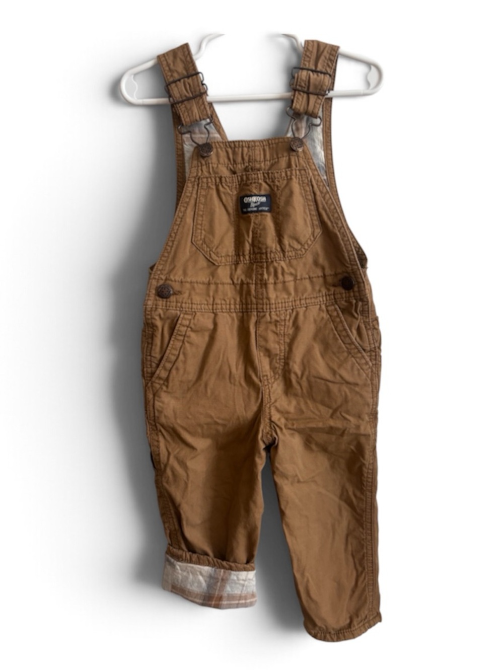 OshKosh B’Gosh Tan Plaid Lined Carpenter Overalls Size 2T EUC
